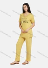 Wholesale Women's Lounge Short Sleeve Letter Print Plaid Lace Trim T-shirt & Pant Pajama Sets - Liuhuamall