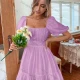 Wholesale Women's Square Neck Puff Sleeve Open Back Bow Knot Back Ruffle Hem Plain Short Dress AY181# Violet Clothing Wholesale Market Liuhua