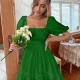 Wholesale Women's Square Neck Puff Sleeve Open Back Bow Knot Back Ruffle Hem Plain Short Dress AY181# 49# Clothing Wholesale Market Liuhua