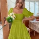 Wholesale Women's Square Neck Puff Sleeve Open Back Bow Knot Back Ruffle Hem Plain Short Dress AY181# 81# Clothing Wholesale Market Liuhua