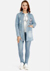 Wholesale Women's Casual Long Sleeve Ripped Button Rhinestone Label Back Split Mid Length Denim Overshirt Jacket - Liuhuamall