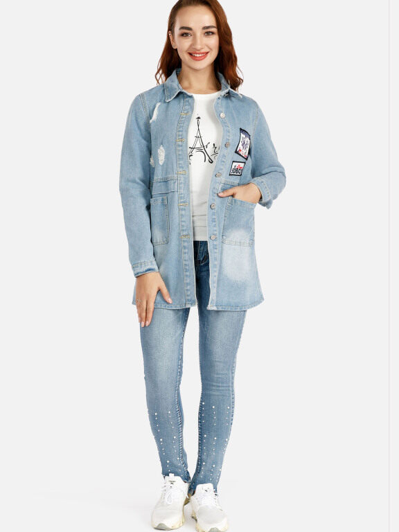 Women's Casual Long Sleeve Button Label Back Split Mid Length Denim Overshirt Jacket, Clothing Wholesale Market -LIUHUA, Coats%20%26%20Jackets