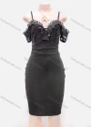 Wholesale Women's Sexy Plain Lace Appliques Guipure Lace Spaghetti Straps Zip Back Bodycon Short Cami Dress - Liuhuamall