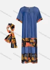 Wholesale Women's Casual Crew Neck Short Sleeve Patchwork Button Decor Ruched Denim Dress With Scarf - Liuhuamall
