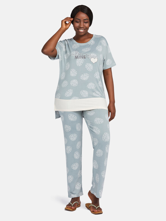 Women's Casual Lounge Short Sleeve Embroidery Letter Leaf Print High Low Hem T-shirt&Pant Pajamas Sets, Clothing Wholesale Market -LIUHUA, WOMEN, Sleepwear
