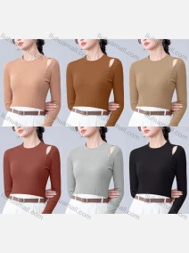 Wholesale Women's Casual Plain Round Neck Button Cut Out Long Sleeve Top 7740#, LIUHUA CLOTHING WHOLESALE