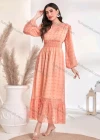 Wholesale Women's Casual Plain Swiss Dot Shirred Round Neck Long Sleeve Ruffle Hem Maxi Dress - Liuhuamall