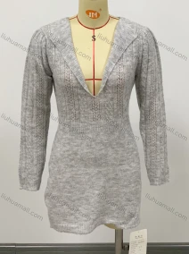 Wholesale Women's Casual Plain Plunge Neck Long Sleeve Mid Length Sweater, LIUHUA CLOTHING WHOLESALE