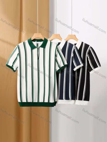 Wholesale Men's Casual Striped Collared Quarter Zip Short Sleeve Henley Shirt E75035#