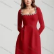 Wholesale Women's Elegant Plain Square Neck Sparkly Rhinestone Pleated Long Sleeve Cocktail Mini Dress Red Clothing Wholesale Market Liuhua