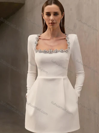Wholesale Women's Elegant Plain Square Neck Sparkly Rhinestone Pleated Long Sleeve Cocktail Mini Dress, LIUHUA CLOTHING WHOLESALE