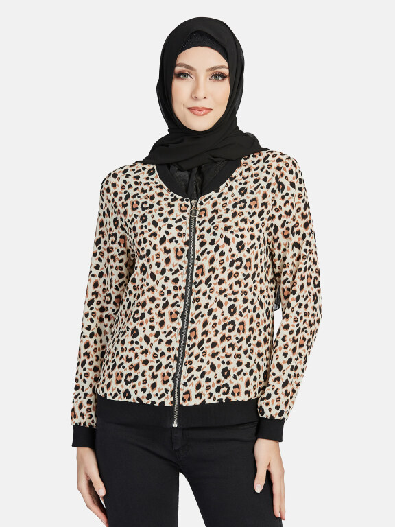 Women's Casual Leopard Print Zipper Dual Pockets Jacket, Clothing Wholesale Market -LIUHUA, 