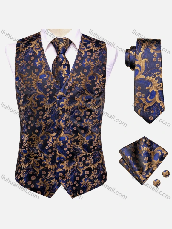 Wholesale Men's Formal Paisley Print Single Breasted Silky Waistcoat With Necktie & Kerchief & Cufflinks 4-piece Set