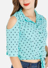 Wholesale Women's Polka Dot Cold Shoulder Lapel Knot Hem Crop Casual Shirt - Liuhuamall