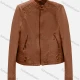Wholesale Women's Casual Plain Round Neck Long Sleeve Zipper PU Leather Jacket Saddle Brown Clothing Wholesale Market Liuhua