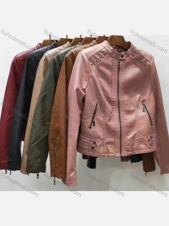 Wholesale Women's Casual Plain Round Neck Long Sleeve Zipper PU Leather Jacket