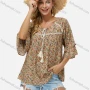 Wholesale Women's Keyhole-Neck Tassel Bow Layered Flare Sleeve Crochet Floral Ruffle Boho Blouse J350# preview