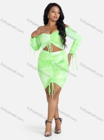Wholesale Women's Fashion Tie Dye Drawstring Off Shoulder Long Sleeve Crop Top And Ruched Bodycon Skirt Set, LIUHUA CLOTHING WHOLESALE