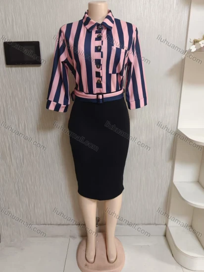 Wholesale Women's Striped Print 3/4 Sleeve With Package Hip Skirt 2 Piece Set 111#