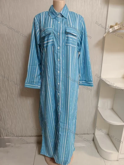 Wholesale Women's Loose Fit Collared Striped Print Button Down Maxi Shirt Dress With Patch Pocket 222#