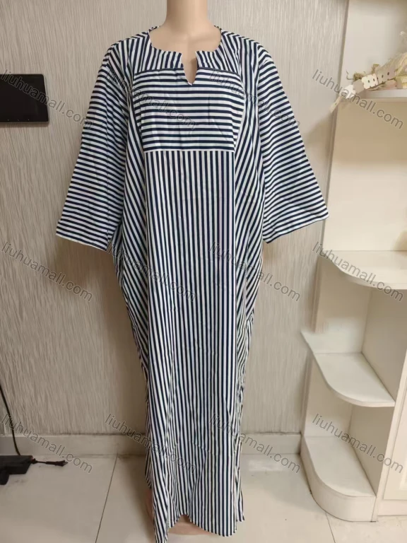 Wholesale Women's Notched Neck Loose Fit 3/4 Sleeve Striped Maxi Dress 333#
