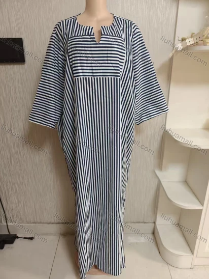 Wholesale Women's Notched Neck Loose Fit 3/4 Sleeve Striped Maxi Dress 333#