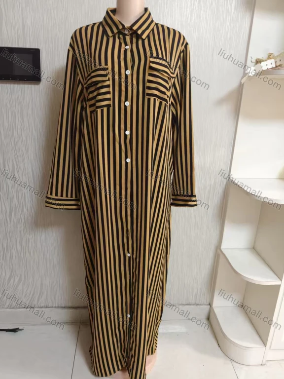 Wholesale Women's Loose Fit Collared Striped Print Button Down Maxi Shirt Dress With Patch Pocket 444#