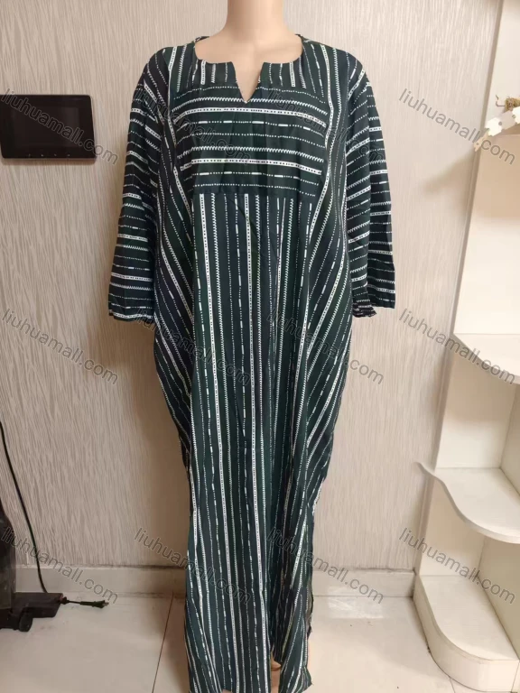 Wholesale Women's Notched Neck Loose Fit 3/4 Sleeve Striped Maxi Dress 555#