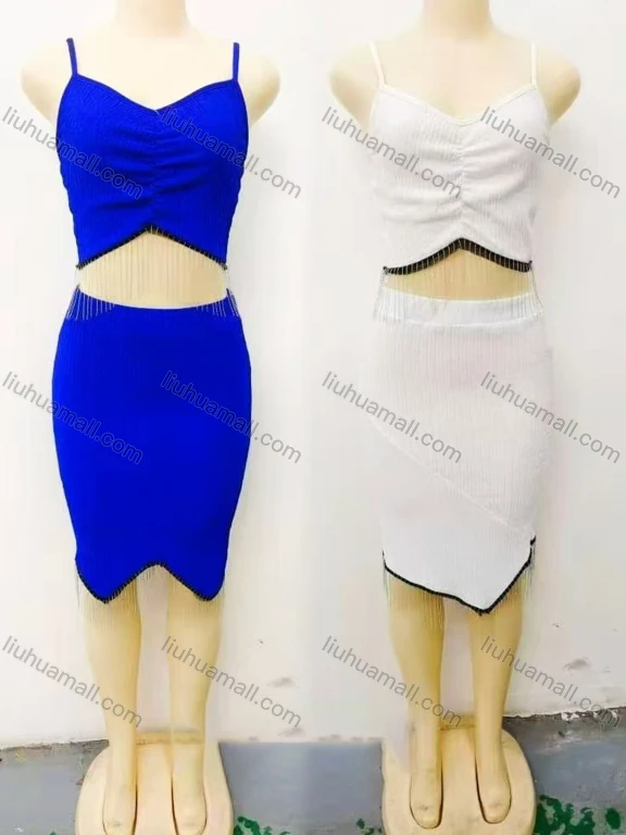 Wholesale Women's Plain Tassel Cami Top With Asymmetrical Package Hip Skirt LG009#