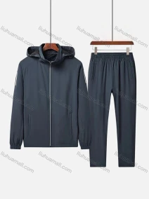 Wholesale Men's Sporty Zipper Pockets Striped Hooded Jacket & Pants Set, LIUHUA CLOTHING WHOLESALE