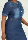 Wholesale Women's Casual Leopard Pattern Button Front Belted Short Sleeve Pockets Midi Denim Dress - Liuhuamall