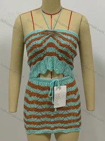 Wholesale Women's 2 Piece Striped Colorblock Knitted Wave Hem Lace Up Halter Cover Up Cami Top With Skirt , LIUHUA CLOTHING WHOLESALE