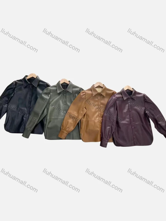 Wholesale Women's Casual Collared Long Sleeve Pockets Leather Jacket