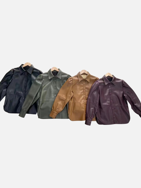 Women's Casual Collared Long Sleeve Pockets Leather Jacket, Clothing Wholesale Market -LIUHUA, leather%20jackets