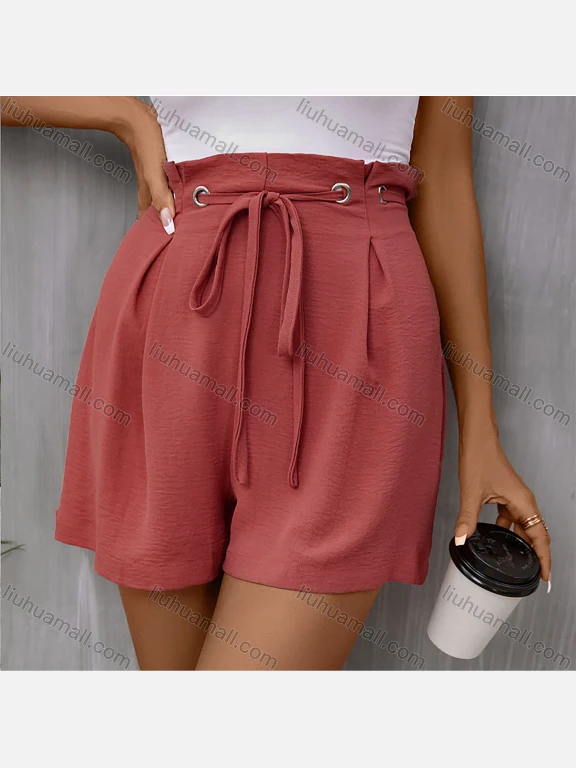 Wholesale Women's Casual Plain Drawstring Ruffle Trim High Waist Shorts