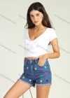 Wholesale Women's Lovely Embroidery Heart High Waist Frayed Raw Hem Denim Short - Liuhuamall