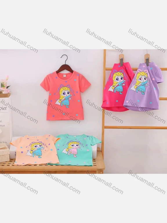 Wholesale Girl's Casual Cartoon Print Round Neck Short Sleeve Modal Cotton Tee