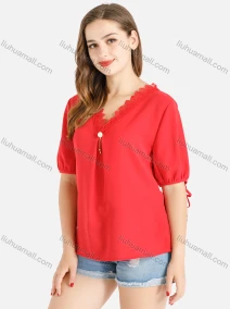 Wholesale Women's Casual V Neck Puff Sleeve Pearl Decor Lace Trims Blouse, LIUHUA CLOTHING WHOLESALE