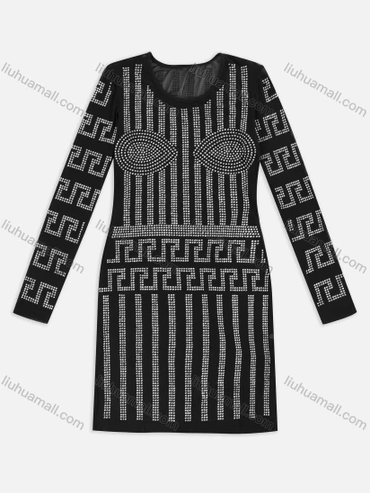 Wholesale Women's Fashion Plain Rhinestone Crew Neck Long Sleeve Bodycon Short Dress XM-07#