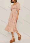 Wholesale Women's Casual Sweetheart Neck Tie Back Puff Sleeve Backless Ruffle Hem Midi Dress - Liuhuamall