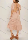 Wholesale Women's Casual Sweetheart Neck Tie Back Puff Sleeve Backless Ruffle Hem Midi Dress - Liuhuamall
