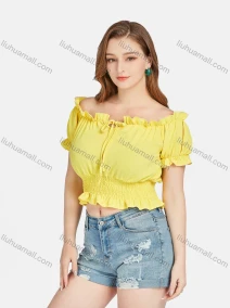 Wholesale Women's Casual Plain Ruffle Trim Off Shoulder Shirred Lace Up Crop Blouse A23690#, LIUHUA CLOTHING WHOLESALE