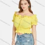 Wholesale Women's Casual Plain Ruffle Trim Off Shoulder Shirred Lace Up Crop Blouse A23690# preview