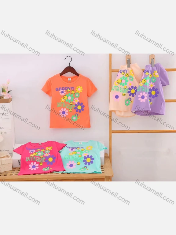 Wholesale Girl's Casual Cartoon Print Round Neck Short Sleeve Modal Cotton Tee