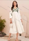 Wholesale Women's Causal V Neck Lantern Sleeve Plants Print Ruffle Hem Midi Dress AY211# - Liuhuamall