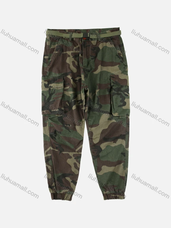 Wholesale Men's Camo Print Belt Flap Pockets Casual Cargo Ankle Banded Pants