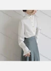 Wholesale Women's Elegant Long Sleeve Ruffle Neck Button Down Plain Shirts 659673# - Liuhuamall