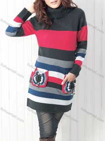Wholesale Women's Turtleneck Long Sleeve Colorblock Dual Pockets Mid Length Pullover Sweater, LIUHUA CLOTHING WHOLESALE