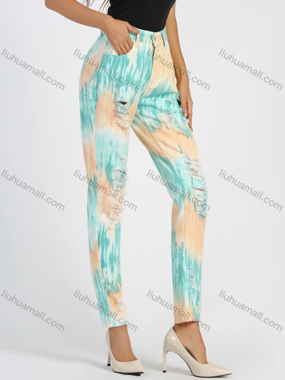 Wholesale Women's High Waist Tie Dye Ripped Distressed Patch Pocket Skinny Pant, Guangzhou Clothing Wholesale Market & Suppliers - LIUHUAMALL, Women