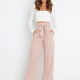 Women's Casual Plain Paper Bag Waist Ruched Patch Pocket Wide Leg Pants With Belt Light Pink Clothing Wholesale Market -LIUHUA